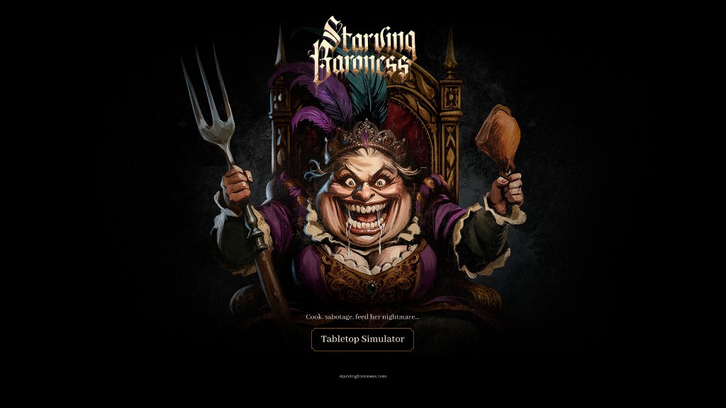 Starving Baroness — a grotesque baroness grins maniacally, holding a giant fork and a meat leg, seated on a gothic throne